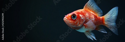 Vibrant red fish gracefully navigates dark water, fins fully extended, showcasing its beauty and movement photo