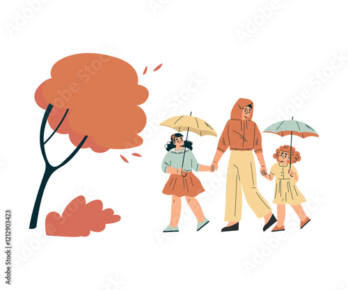 Storm with Woman Character with Kids with Umbrella Vector Illustration