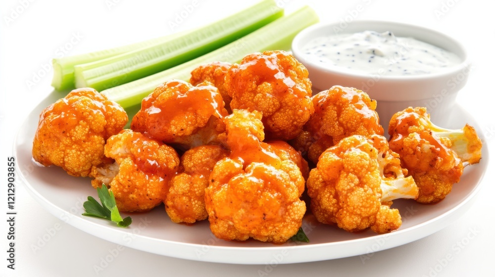 A plate of tangy buffalo cauliflower wings served with blue cheese dressing and celery sticks, Each cauliflower floret coated in spicy buffalo sauce and baked to crispy perfection A plate of tangy buffalo cauliflower wings served with blue cheese dressing and celery sticks, Each cauliflower floret coated in spicy buffalo sauce and baked to crispy perfection