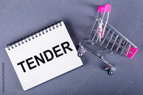 A miniature shopping cart lies on its side beside a notebook with the word TENDER written on it. photo