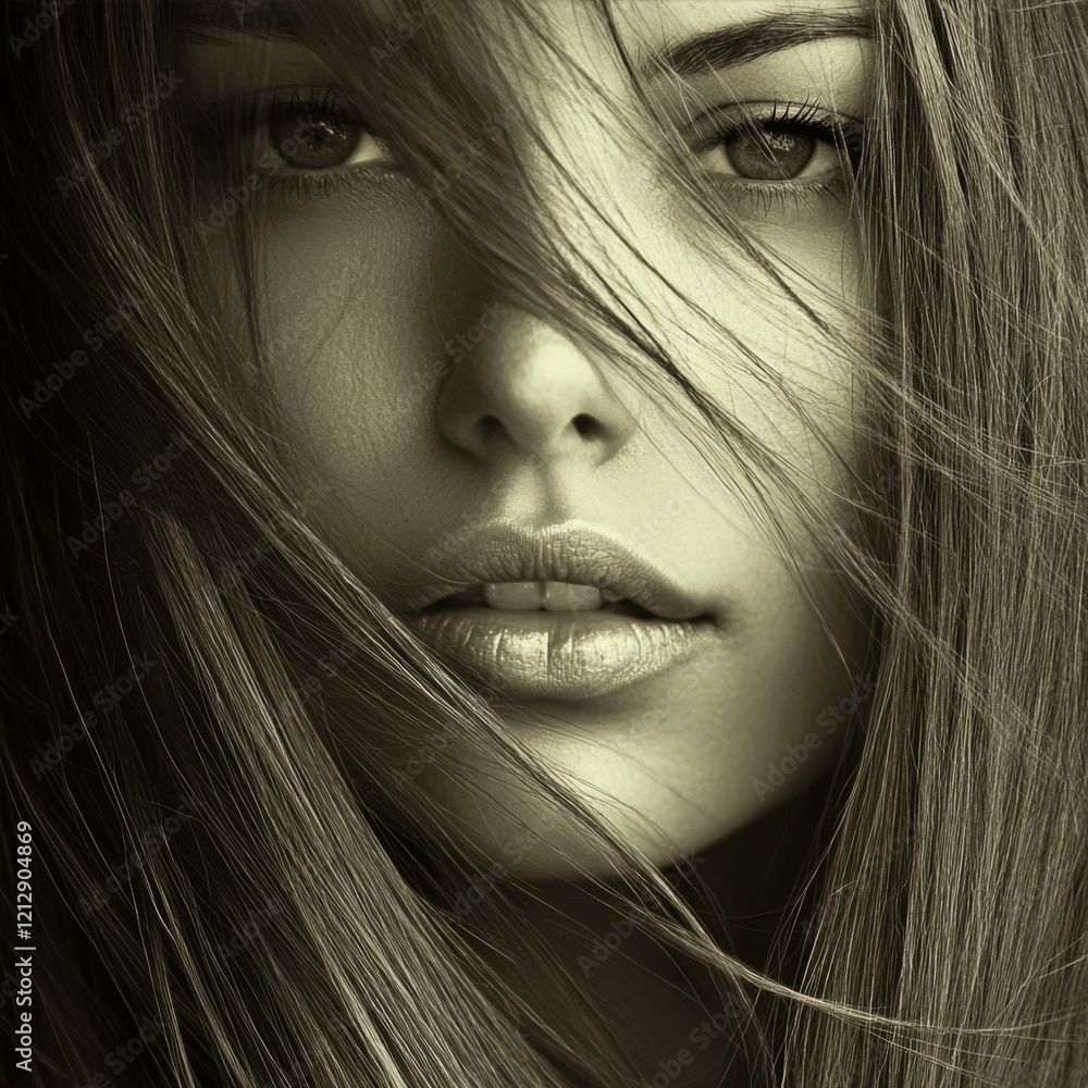 Woman Portrait with Flowing Hair Close Up Beauty Fashion Elegant Artistic Monochrome Sepia Tone Woman Portrait with Flowing Hair Close Up Beauty Fashion Elegant Artistic Monochrome Sepia Tone
