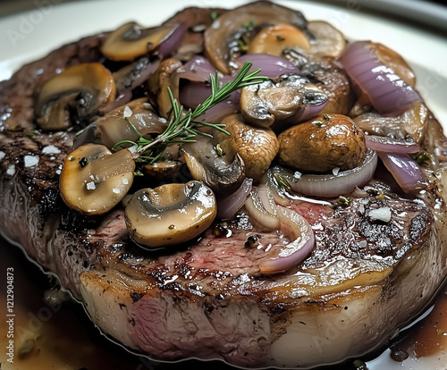 Ribeye Steak with French Onions & Mushrooms photo