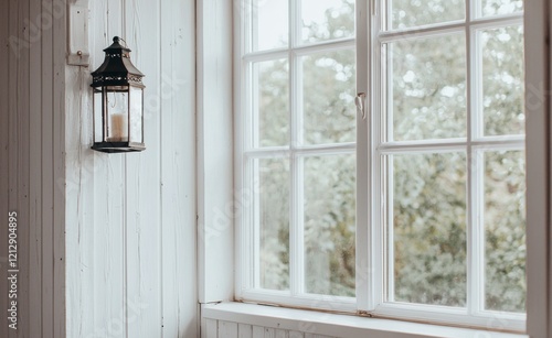 A white window adorned with a mosquito net in a rustic wooden house, looking out over the garden, with a shallow depth of field photo