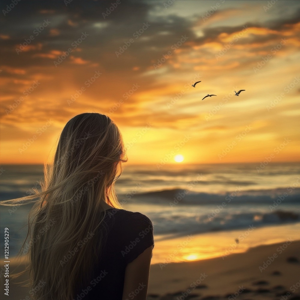 Woman Watching Sunset Over the Ocean at the Beach with Birds Flying Above Colorful Scene