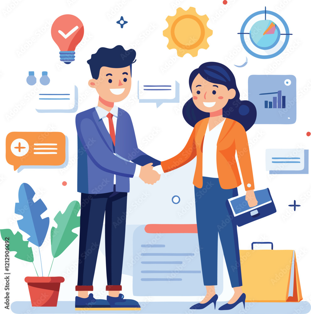 People shaking hands at work - Two businesspeople, man and woman doing handshake in office at work while smiling over business agreement and deal. Flat design stock illustration on white background People shaking hands at work - Two businesspeople, man and woman doing handshake in office at work while smiling over business agreement and deal. Flat design stock illustration on white background