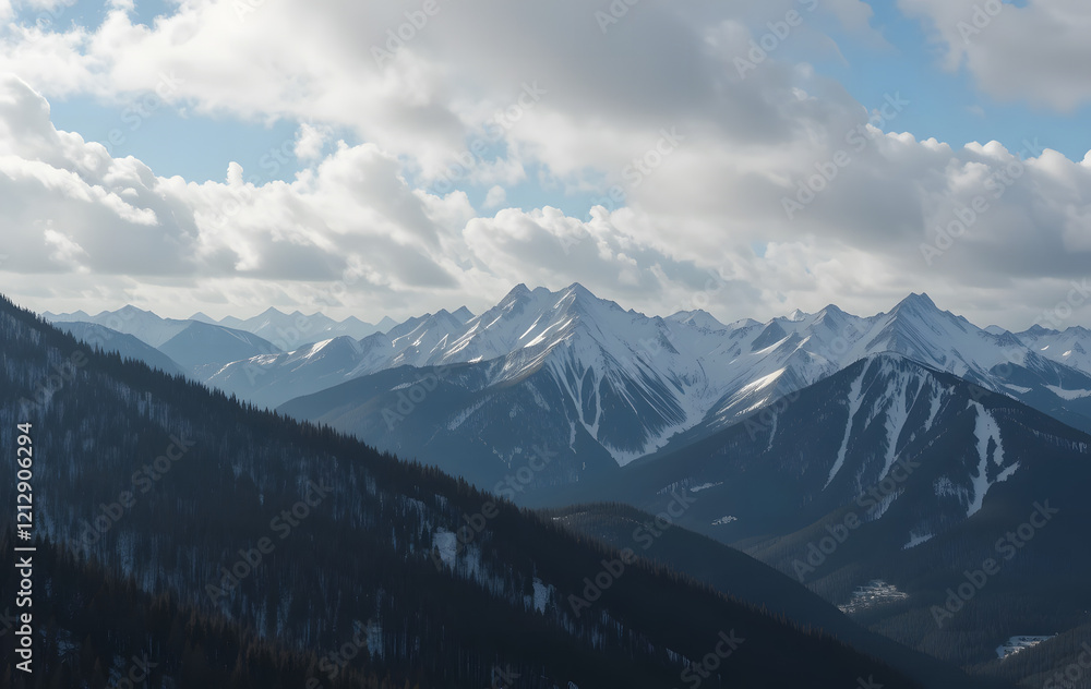 Fototapeta premium Winter mountain panorama view with blue cloudy sky with sun