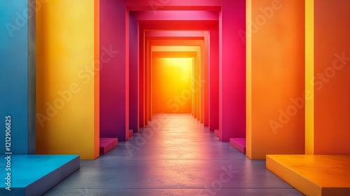 Vibrant Colorful Corridor  Abstract Geometric Pathway  Bright Neon Tunnel