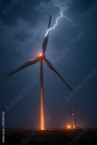 Dramatic lightning strikes wind turbines during stormy night landscape photography energetic environment low angle view photo