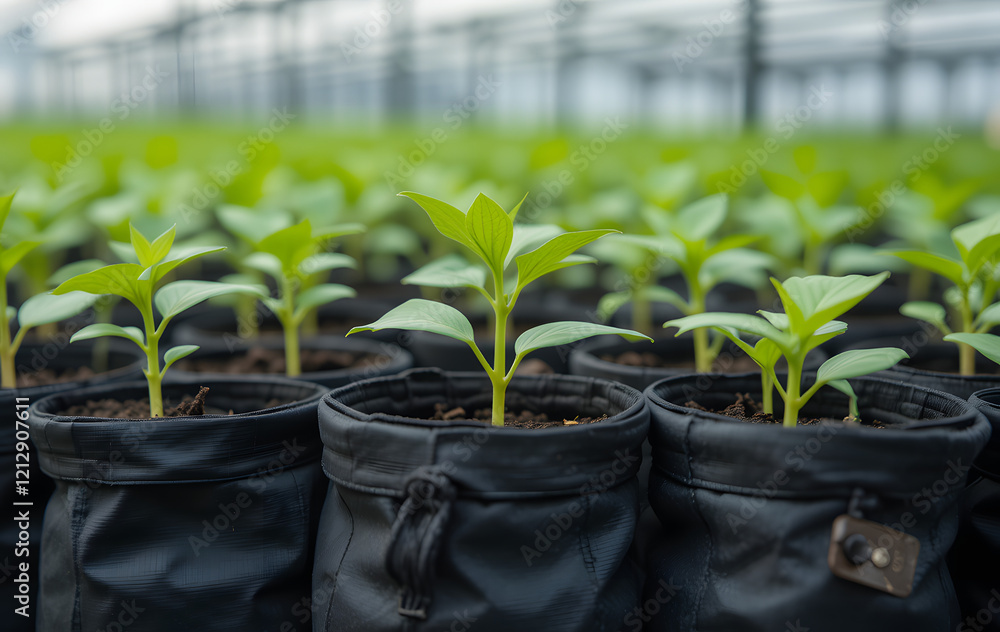 plants growing from black bags in row plants growing from black bags in row