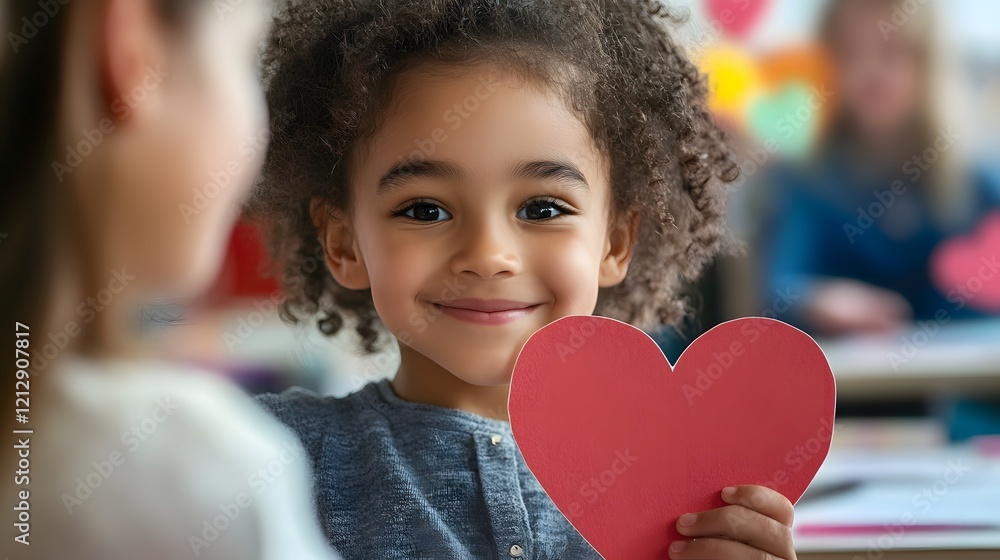 Joyful child presents handmade Valentine's card to teacher in school setting Joyful child presents handmade Valentine's card to teacher in school setting