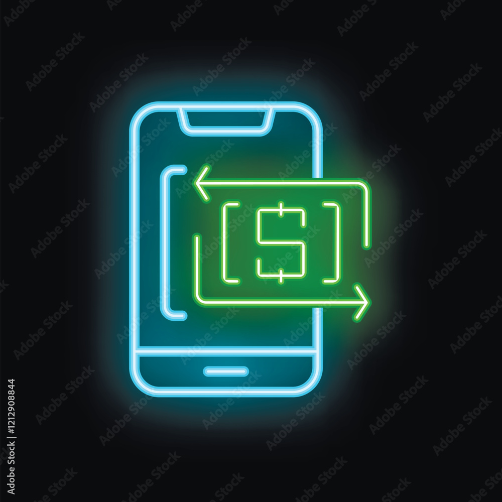 Glowing neon icon of mobile banking app with money transfer symbol on dark background Glowing neon icon of mobile banking app with money transfer symbol on dark background