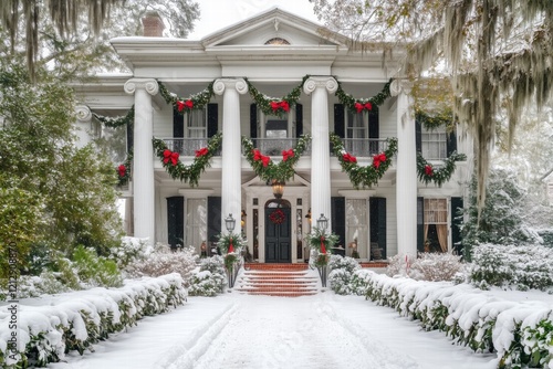 A beautiful historic Antebellum style house mansion decorated for Christmas with red bows and greenery. Snow covers the ground and the steps leading to the entrance.