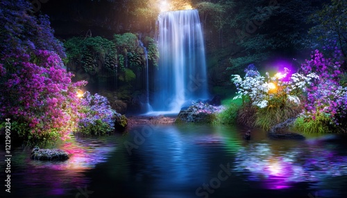 Lively spring flowers surround a stunning waterfall, creating a magical atmosphere by the water.