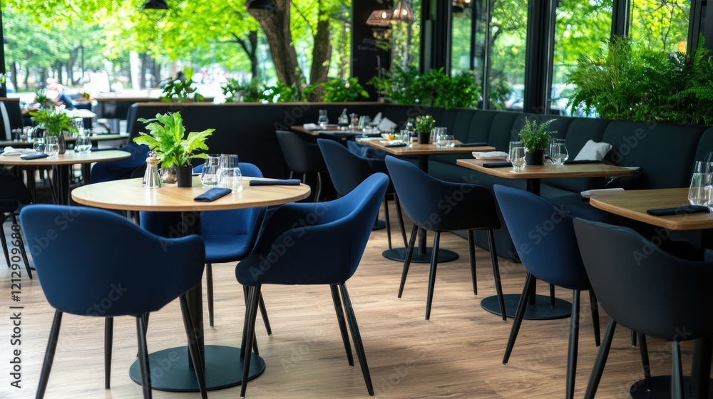 Modern dining area featuring elegant tables and blue chairs surrounded by greenery in a vibrant location Modern dining area featuring elegant tables and blue chairs surrounded by greenery in a vibrant location
