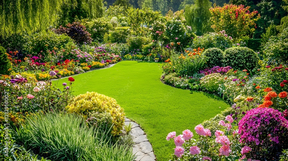 Obraz premium Lush garden, vibrant flowers, sunny lawn, stone path, tranquil background