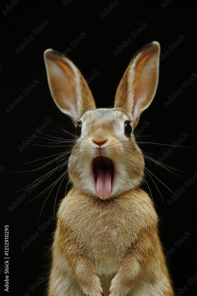 Obraz premium An adorable rabbit shows off its personality with an open mouth, set against a black background.