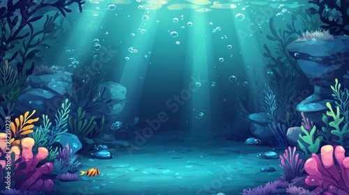 Underwater ocean scene, sunbeams, coral, fish, game background