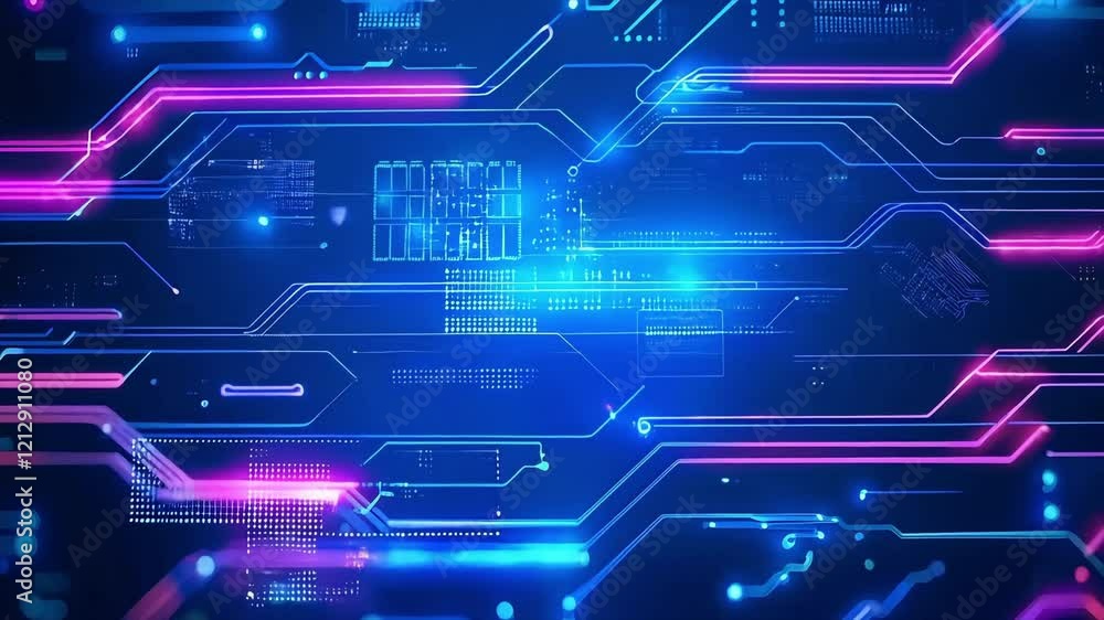 A computer screen with a blue background and pink and purple lines. The lines are connected to each other and are in different colors A computer screen with a blue background and pink and purple lines. The lines are connected to each other and are in different colors