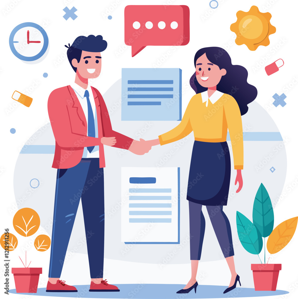People shaking hands at work - Two businesspeople, man and woman doing handshake in office at work while smiling over business agreement and deal. Flat design stock illustration on white background People shaking hands at work - Two businesspeople, man and woman doing handshake in office at work while smiling over business agreement and deal. Flat design stock illustration on white background