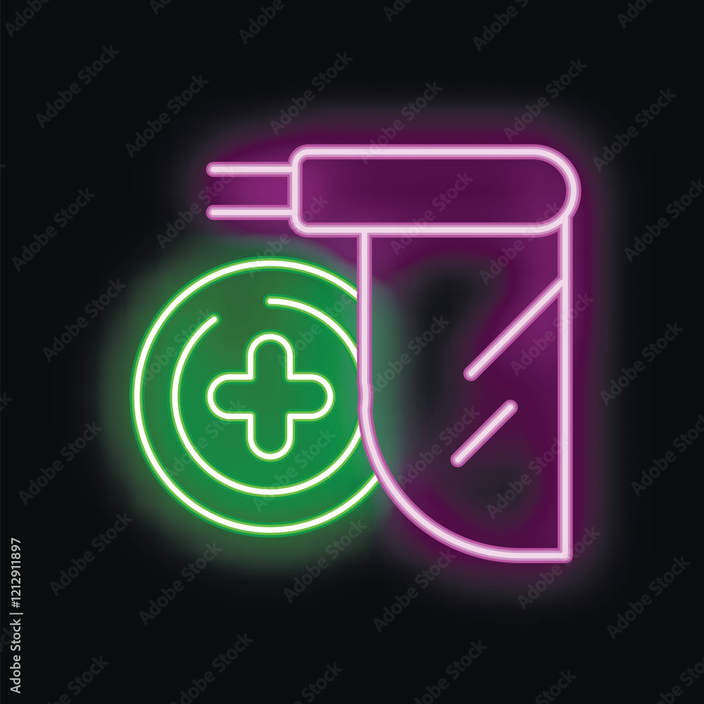 Obraz premium Glowing neon icon of health insurance with medical cross and shield on black background