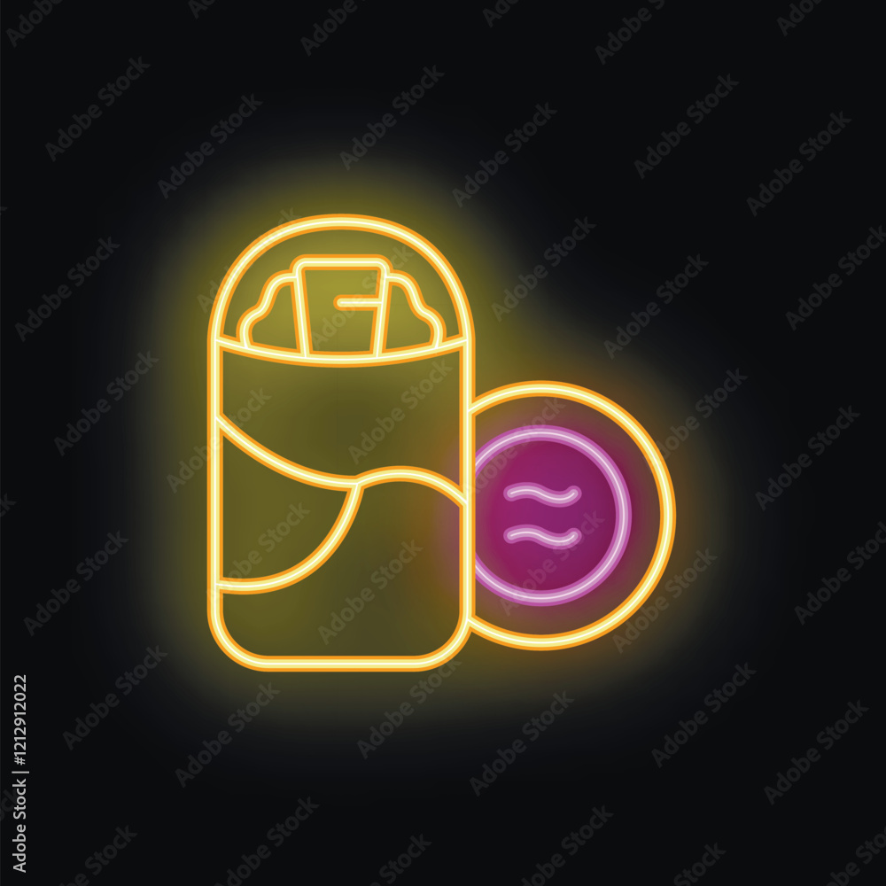 Vibrant neon sign representing a burrito with a wave symbol, evoking a beach themed mexican eatery Vibrant neon sign representing a burrito with a wave symbol, evoking a beach themed mexican eatery