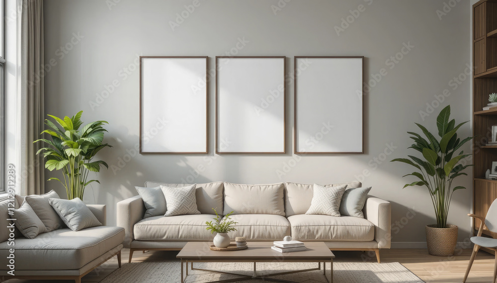 Frame Mockup on Living Room Wall, Modern Interior Design with 3D Render. Frame Mockup on Living Room Wall, Modern Interior Design with 3D Render.