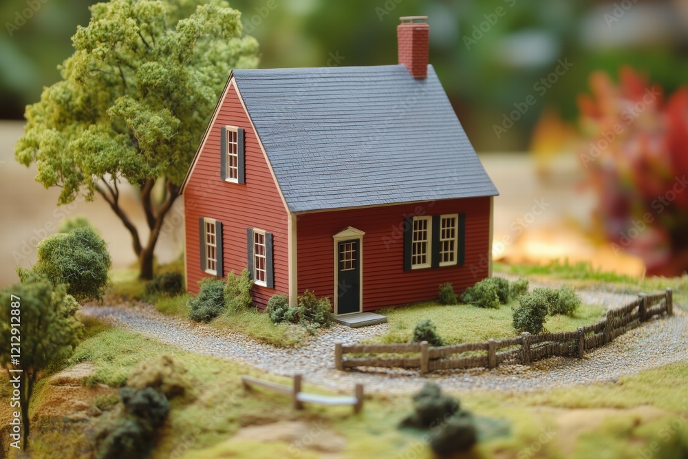 A detailed miniature model of a red Saltbox style house with a gray roof, surrounded by greenery and a gravel path. The house features a chimney and a front door, with a wooden fence nearby. A detailed miniature model of a red Saltbox style house with a gray roof, surrounded by greenery and a gravel path. The house features a chimney and a front door, with a wooden fence nearby.