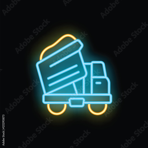 Blue and yellow neon icon of a dump truck unloading cargo