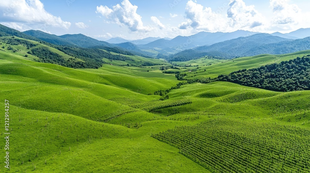 Aerial view of rolling green hills and valley. Use Travel brochure, nature documentary Aerial view of rolling green hills and valley. Use Travel brochure, nature documentary