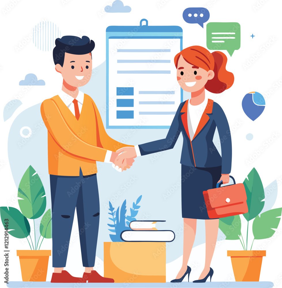 Obraz premium People shaking hands at work - Two businesspeople, man and woman doing handshake in office at work while smiling over business agreement and deal. Flat design stock illustration on white background