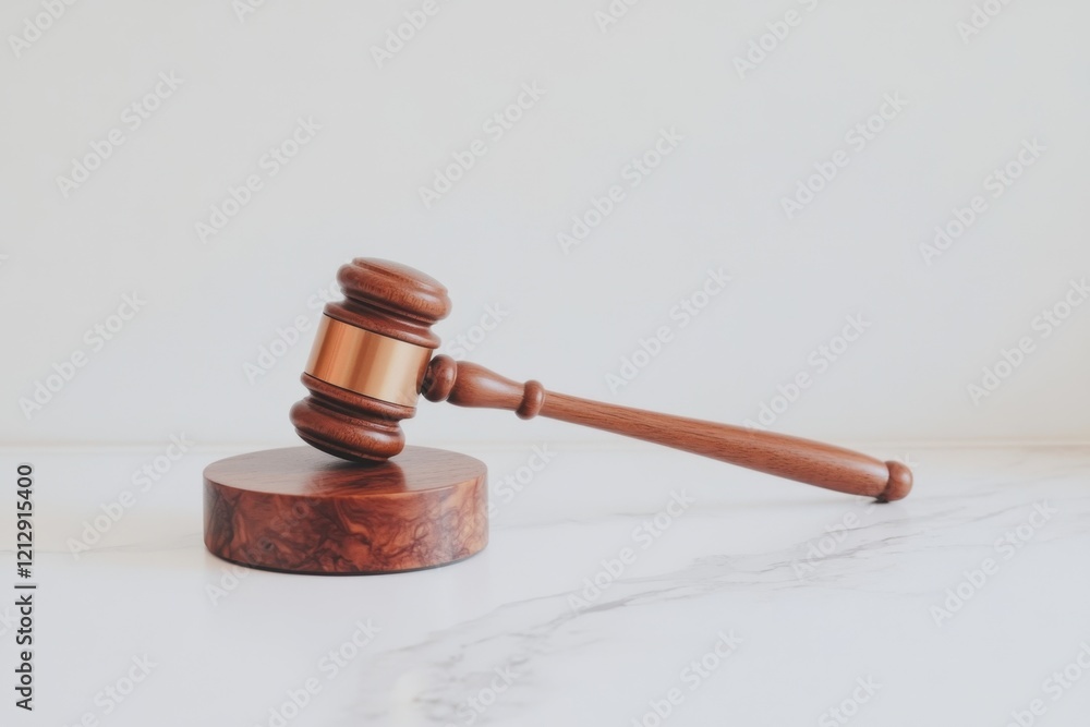 Wooden gavel resting on sound block symbolizing justice and law Wooden gavel resting on sound block symbolizing justice and law