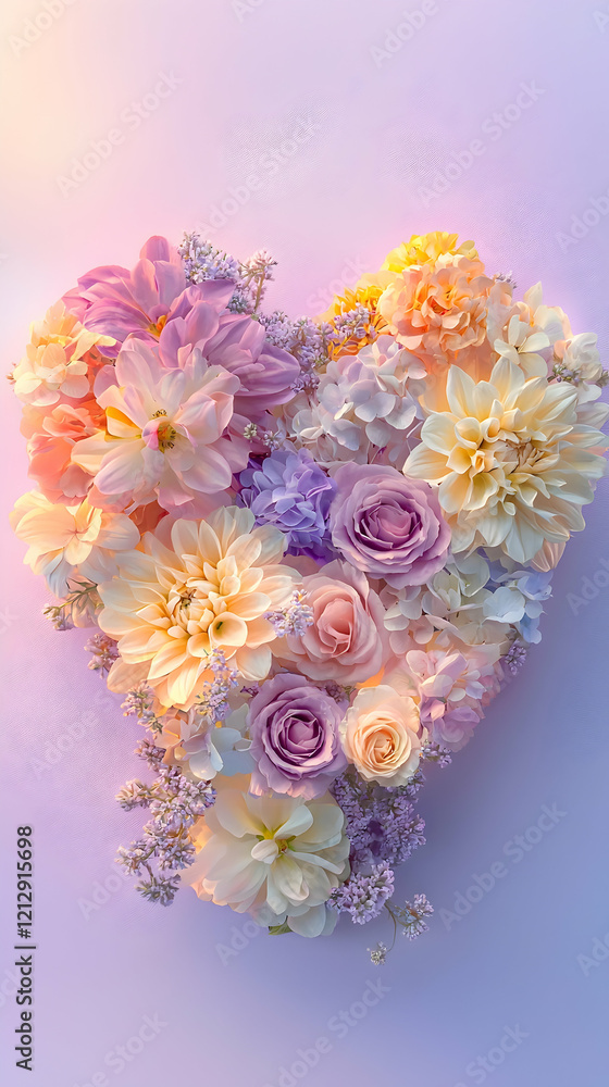Obraz premium Heart-shaped flower arrangement with soft pastel hues, on a light purple gradient background