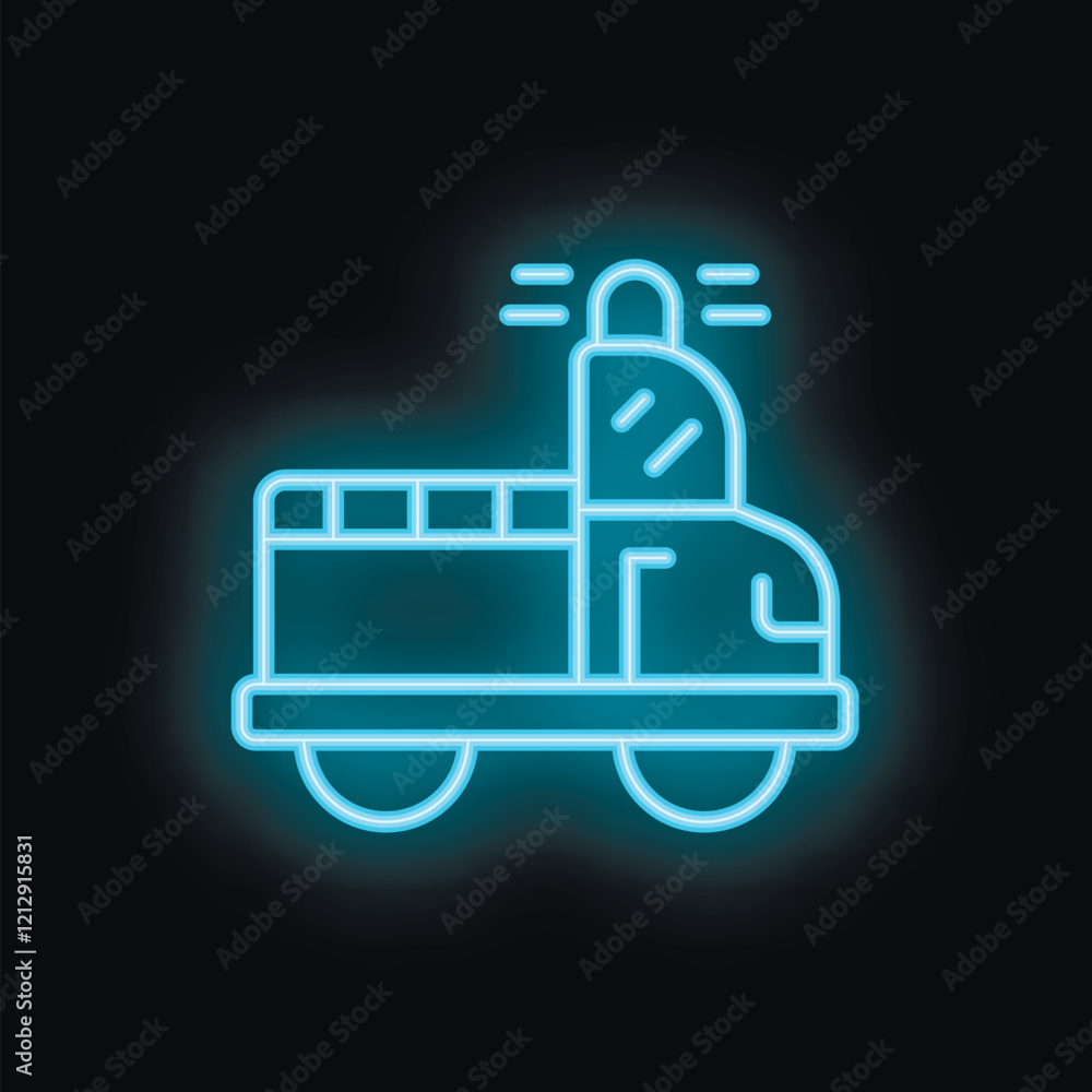 Blue neon icon of a truck driving with its siren on, on a black background Blue neon icon of a truck driving with its siren on, on a black background