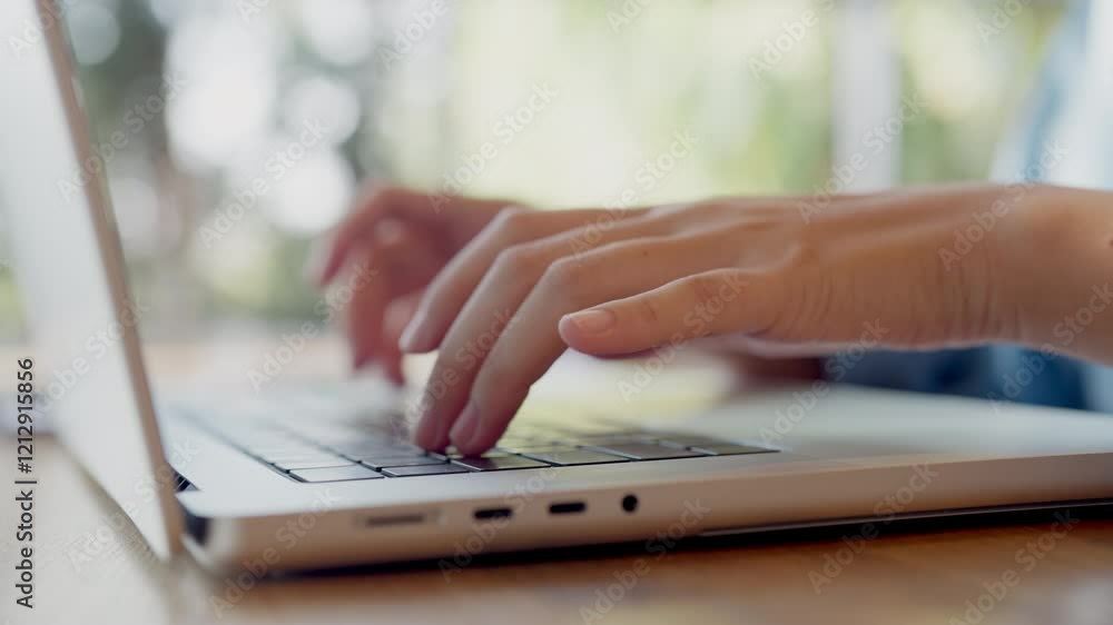 A person is typing on a laptop computer. Concept of productivity and focus, as the person is engaged in a task on the computer. The laptop is open and positioned on a wooden table A person is typing on a laptop computer. Concept of productivity and focus, as the person is engaged in a task on the computer. The laptop is open and positioned on a wooden table