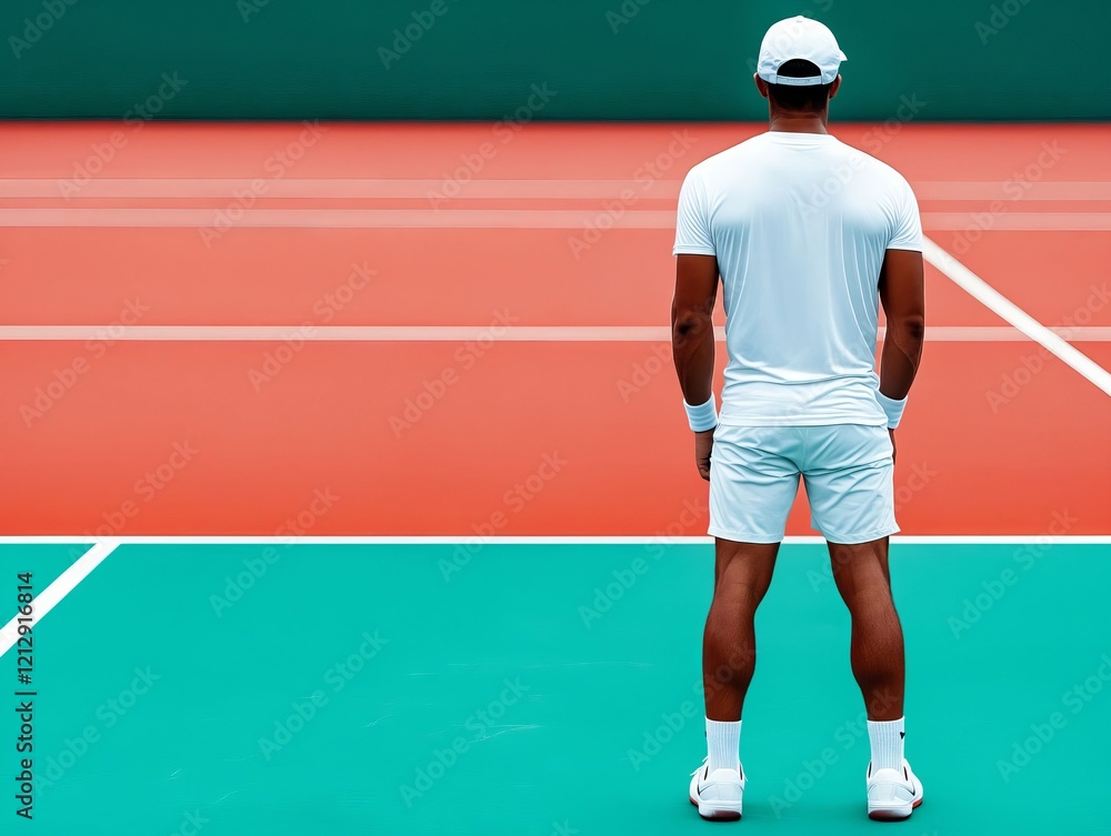 A man standing on a tennis court with his back to the camera A man standing on a tennis court with his back to the camera