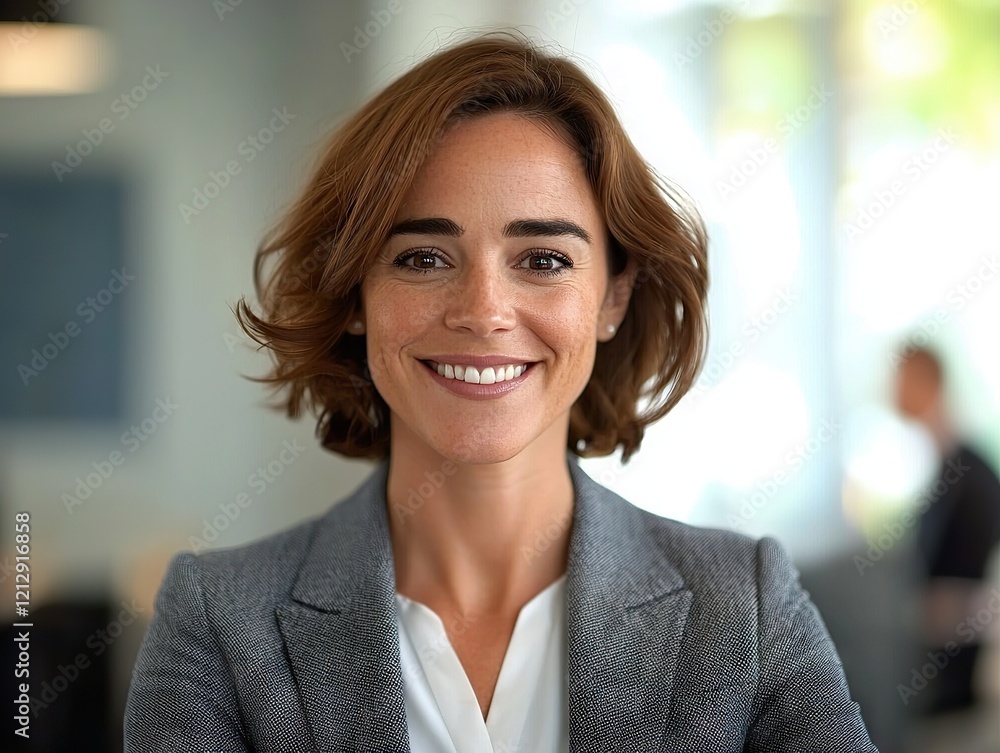 Fototapeta premium Professional woman smiling in modern office setting business environment portrait perspective confidence