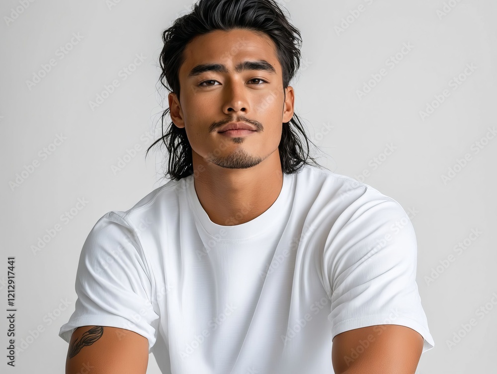 A man with long hair wearing a white t-shirt A man with long hair wearing a white t-shirt