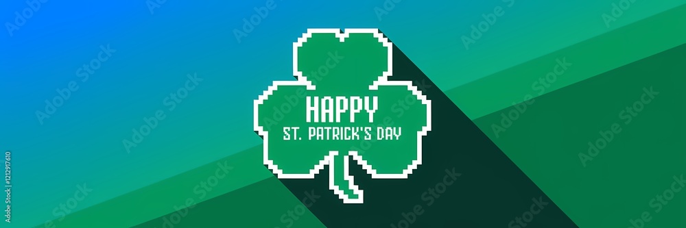 A minimalist Saint Patrick's Day poster design with a pixel theme. There is a green shamrock with a white outline. The text A minimalist Saint Patrick's Day poster design with a pixel theme. There is a green shamrock with a white outline. The text