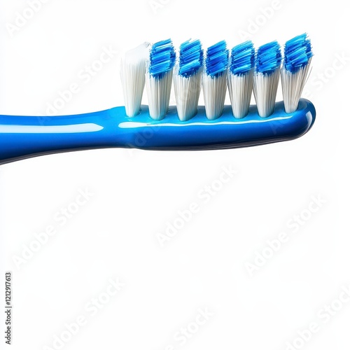 Close-up of a bright blue toothbrush with white bristles, highlighting dental hygiene and oral care essentials photo