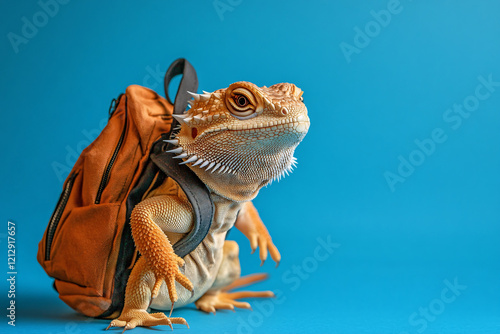 Bearded Dragon Lizard Wearing a Backpack, Set Against Vibrant Colorful Backgrounds, Highlighting Playful and Creative Animal Photography photo