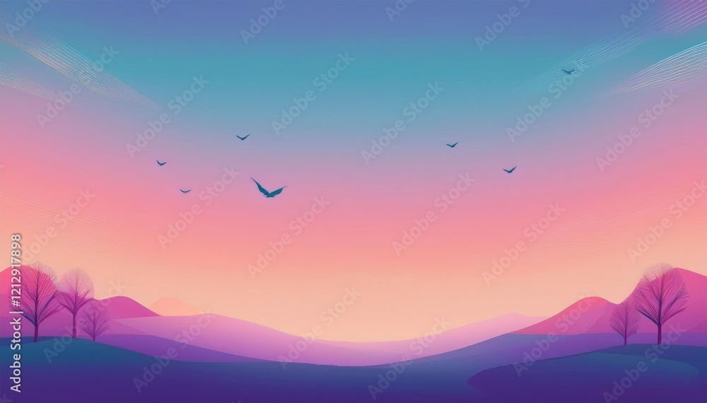 Φωτογραφία A lively depiction of spring showcases delicate trees and mountains under a pastel sky at dusk