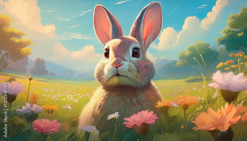 Φωτογραφία A fluffy rabbit explores a colorful meadow filled with blooming flowers during a sunny spring day