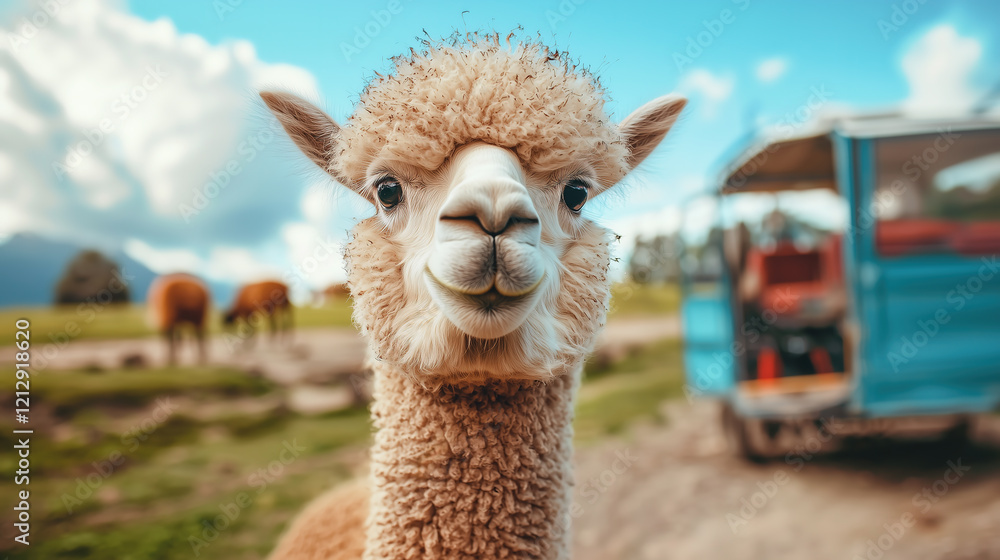 Obraz premium A cute alpaca looks directly at the camera against a mountain landscape. Fluffy fur and friendly facial expression