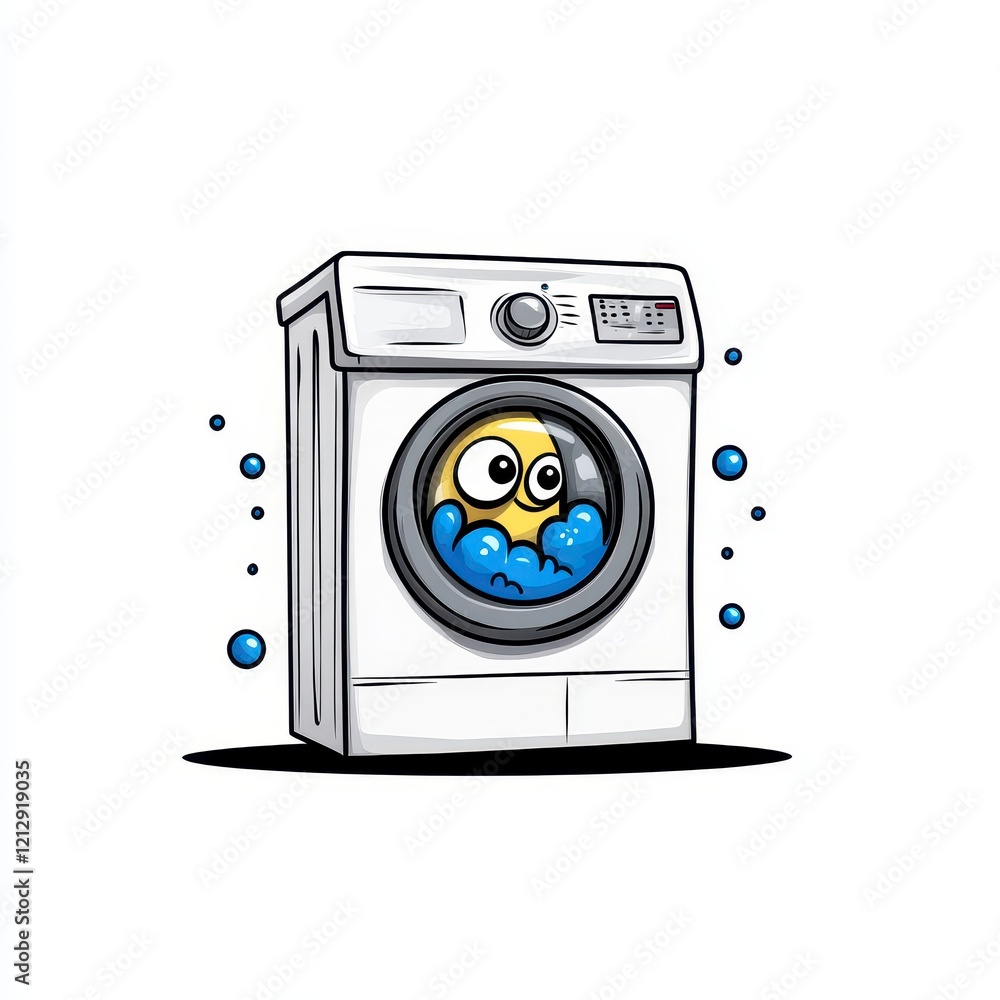 Fototapeta premium A whimsical cartoon illustration of a washing machine with a smiling yellow character inside, surrounded by bubbles
