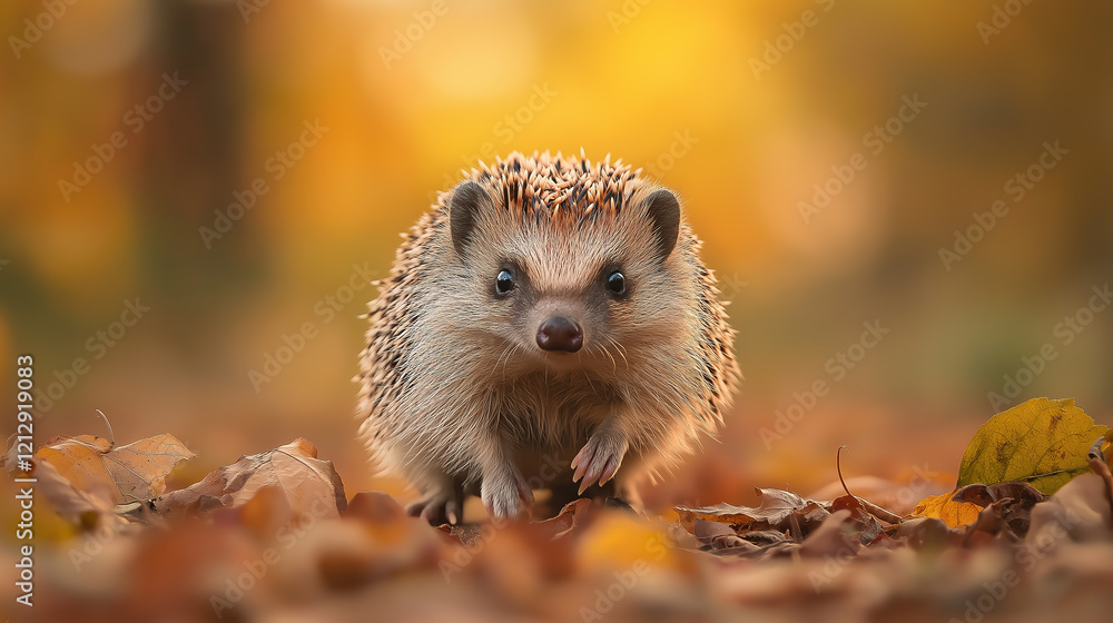 A little hedgehog walks on fallen autumn leaves A little hedgehog walks on fallen autumn leaves