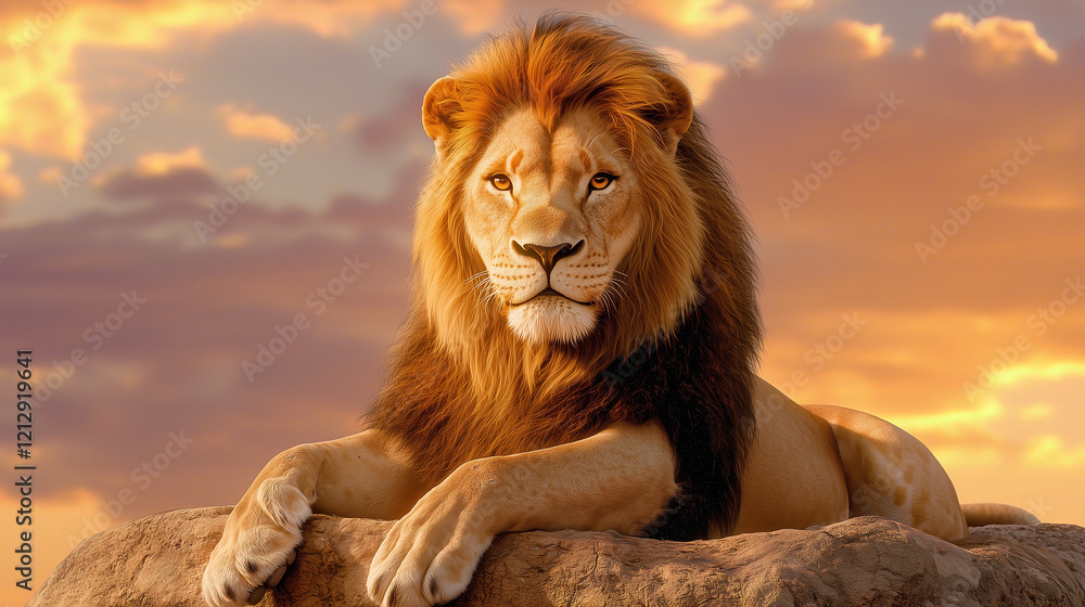 A powerful lion with a thick mane lies on a rock against the sunset. The gaze of the king of beasts A powerful lion with a thick mane lies on a rock against the sunset. The gaze of the king of beasts