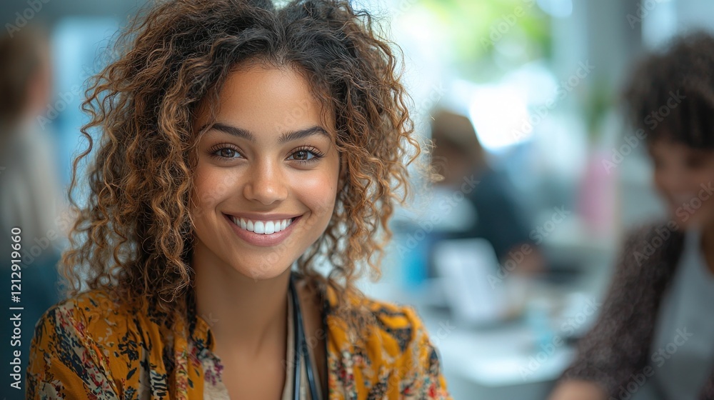 Joyful female receptionist with curly hair smiling in a bright and hospital environment Joyful female receptionist with curly hair smiling in a bright and hospital environment