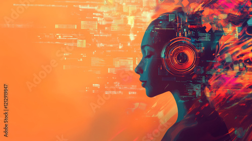 The fusion of music and AI, depicted with floating digital patterns, coding streams, and vibrant abstract backgrounds.