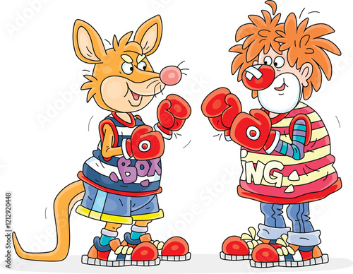 Australian kangaroo boxer and a tousled red clown with boxing gloves preparing for a funny fight in a comical circus performance, vector cartoon illustration on a white background
