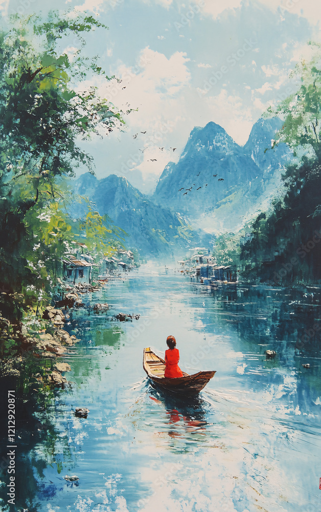Woman in a Boat on Turquoise Waters Surrounded by Tropical Landscapes and Mountains, Capturing Travel and Relaxation Themes Woman in a Boat on Turquoise Waters Surrounded by Tropical Landscapes and Mountains, Capturing Travel and Relaxation Themes